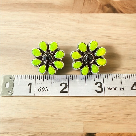 Green Aurora Opals & Black Onyx in Solid Sterling Silver Necklace & Earring Set - Picture 8 of 14